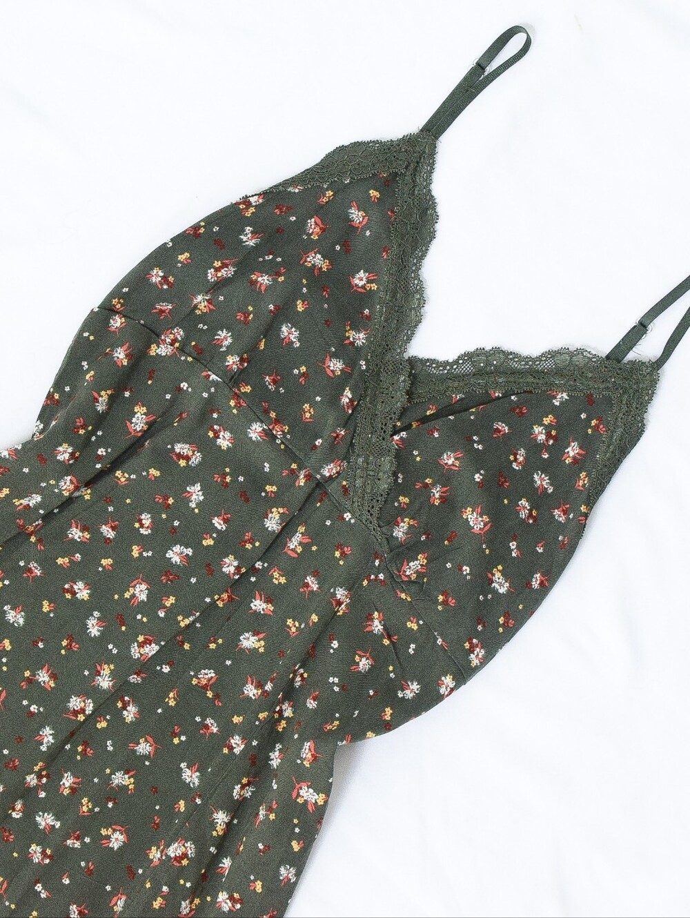 Green Floral Lace Trim Slip Dress Midi Side Slit Sz XS 90s Cottagecore Romantic